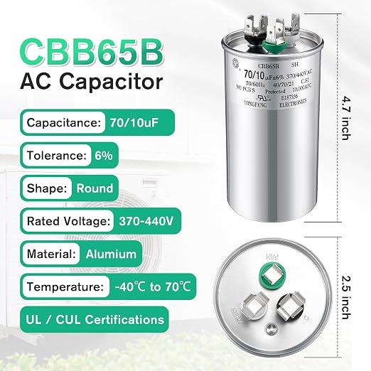 70+10 uF±6% 370/440V CBB65 Dual Run Round Capacitor - Image 2