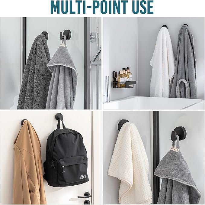 TAILI Stylish 304 Stainless Steel Bathroom Suction Hooks for Towel, Bathrobe, Loofah, No Damage Hanging Glass Shower Wall Hook, Patented Strong Suction Cup Holder, Hold Up to 11 Lbs, A-Cylinder Black