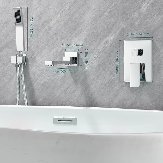 DASAN Swiveling Wall Mount Tub Filler Faucet Set with Hand Held Shower, Chrome Modern Creative Bathtub Faucet Wall Mounted Bath Tub Faucet with High Flow Rough in Valve, SA-TF05WH-PC