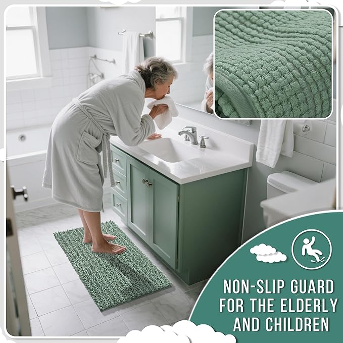 Yimobra Bathroom Rugs Sets 2 Piece - Quick Dry Extra Thick Luxury Chenille Bath Mat, Non Slip Super Absorbent for Tub Shower Sink, Machine Washable Shaggy Floor Mat, 32"x20"+24"x20" Inch, Green