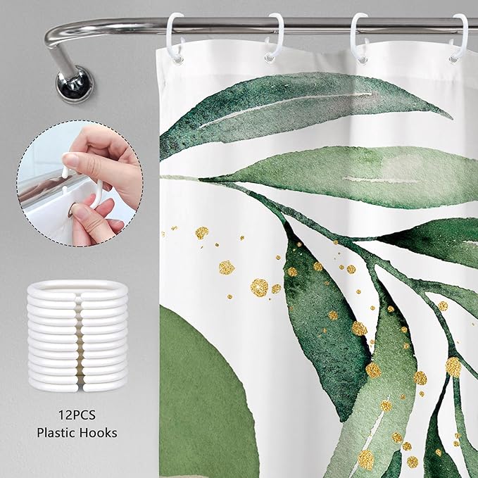 Extra Long Green Boho Shower Curtain 72Wx84H Mid Century Modern Abstract Palm Leaves Plant Tropical Gold Olive Geometric Bathroom Decor Minimalist Bath Curtain Fabric Polyester 12 Pack Hooks