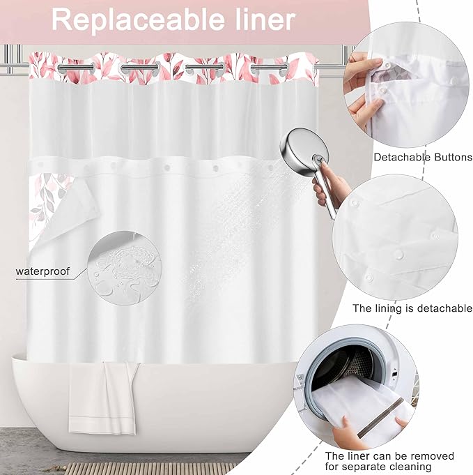 No Hook Shower Curtain and Liner Set, Pink Eucalyptus Floral Shower Curtains for Bathroom, Bath Curtain Sets with Snap in Liner, Waterproof with See Through Top Window, 71x77 Inches
