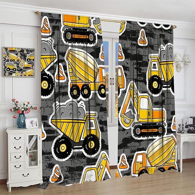 Kids Construction Excavator Window Curtains - Image 3