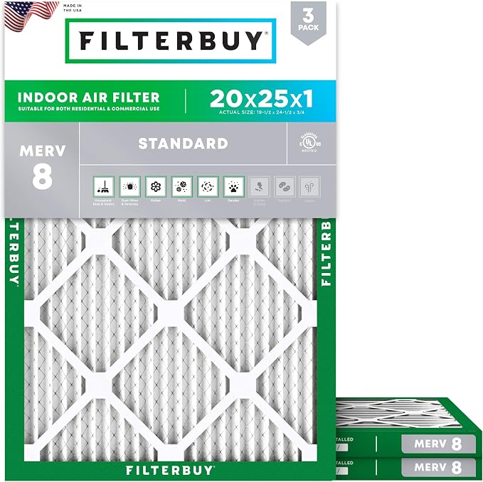 Filterbuy 20x25x1 Air Filter MERV 8 Essential Dust & Allergy Defense, by Filterbuy