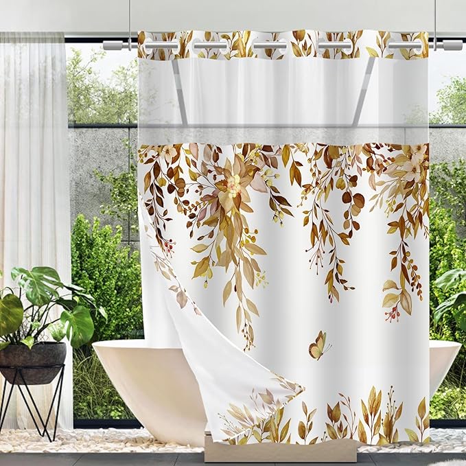 No Hook Shower Curtain and Liner Set, Yellow Eucalyptus Floral Shower Curtains for Bathroom, Bath Curtain Sets with Snap in Liner, Waterproof with See Through Top Window, 71x74 Inches