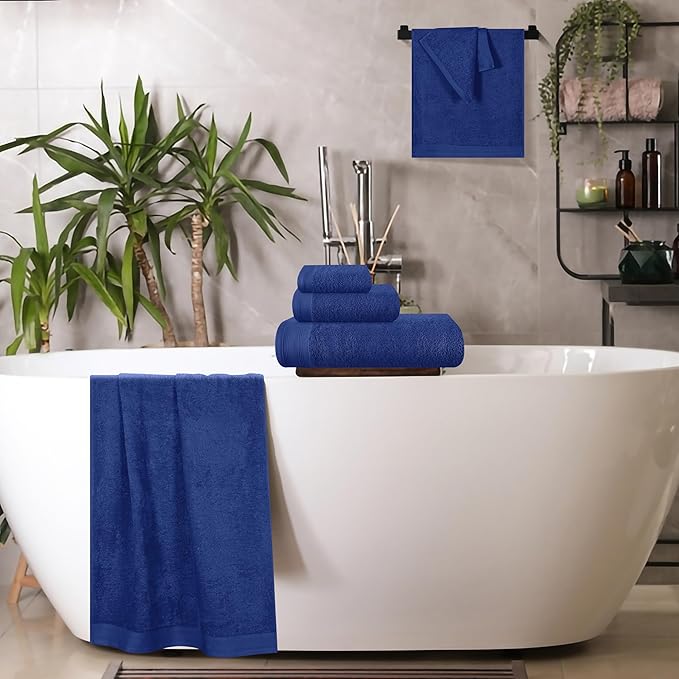 Ultra Soft 6 Pack Cotton Towel Set, Contains 2 Bath Towels 28x55 inch, 2 Hand Towels 16x24 inch & 2 Wash Coths 12x12 inch, Ideal Everyday use, Compact & Lightweight - Navy Blue