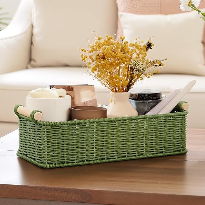 GRANNY SAYS Toilet Paper Basket for Back of Toilet, Wicker Baskets for Storage, Wicker Baskets for Shelves, Waterproof Basket Tank Topper, 14¼" x 6½" x 4¼", Green