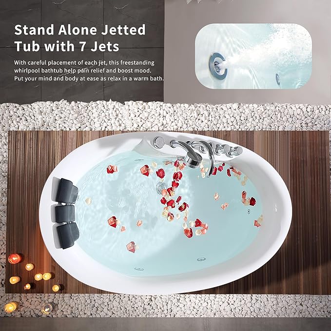 Empava 71 inch Acrylic Freestanding Tub Hydromassage Gracefully Oval Shaped Whirlpool 7 Water Jets Soaking SPA, Double-Ended Massage Bathtub with Black Pillow, Boat Shape,ETL Certified