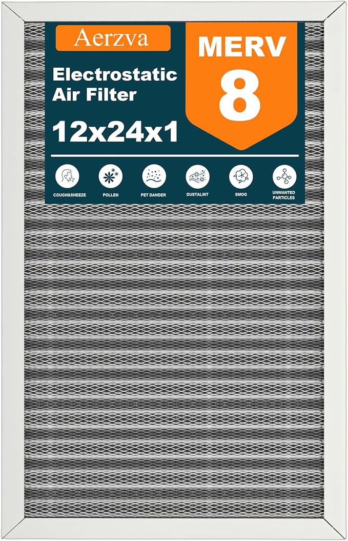 12x24x1 Reusable Air Filter, MERV 8, Permanent Electrostatic Air Filter by Aerzva