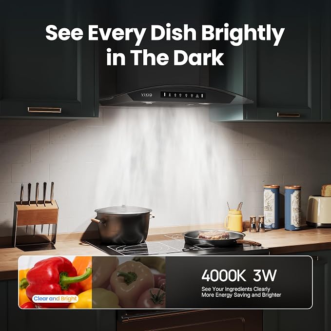 Black 30 inch Wall Mounted Range Hood Glass 900 CFM, Stainless Steel Kitchen - Image 6
