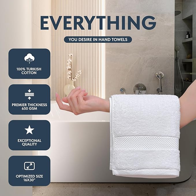 Luxury White Hand Towels - Soft 100% Turkish Cotton | Highly Absorbent Hotel spa Bathroom Towel Collection | 16x30 Inch | Set of 6