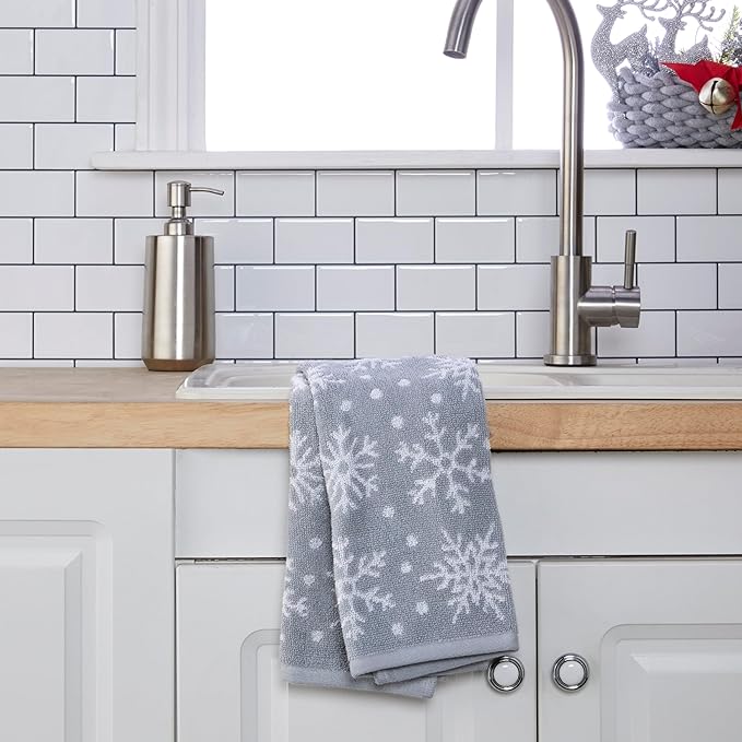 SKL Home Winter/Christmas Scattered Snowflakes Hand Towel 2pc Set for Bath/Kitchen/Bar & Gift, Gray