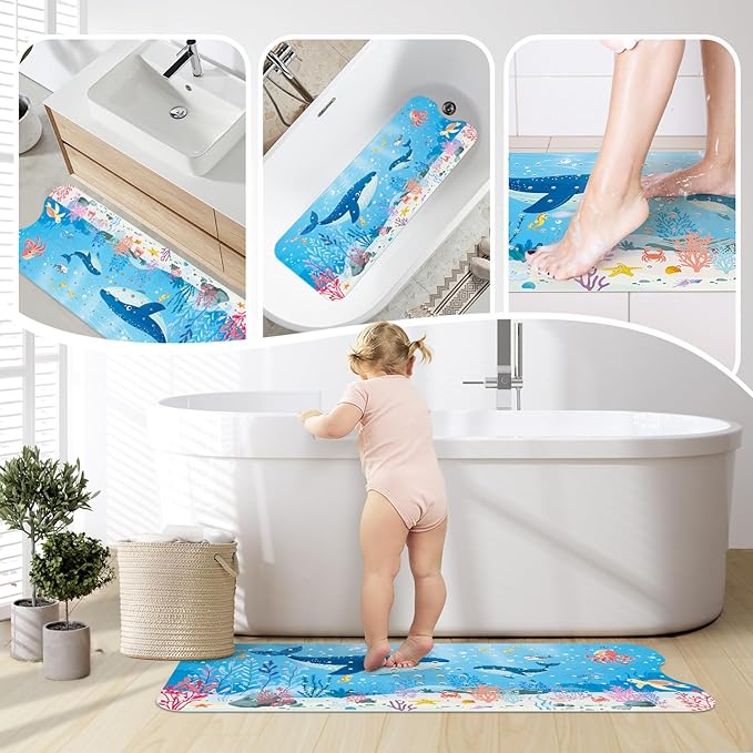 SHUCHING Baby Bath Mat for Tub Non Slip-40 X 16 Inch, Extra Long Kids Bathtub Mat Non Slip, Toddler Shower Mat for Bathroom, Whale