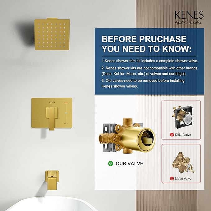 KENES Brushed Gold Tub and Shower Trim Kit, Square Tub Shower Faucet Set Complete with 6-Inch Rainfall Shower Head and Tub Spout, KE-6025A-4 (Shower Valve Included)