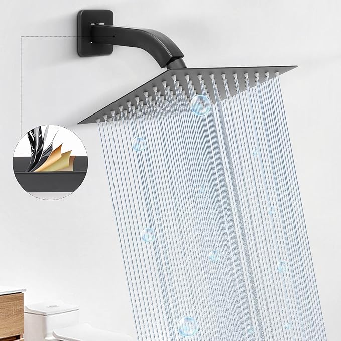 HarJue Shower Arm with Flange and Teflon Tape, Wall Mounted Square Shower Pipe 304 Stainless Steel Extension Arm for Fixed Shower Head & Handheld Shower (6 Inch, Matte Black)