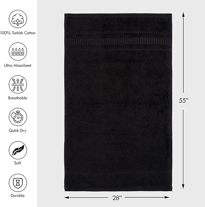 Melissa Linen, 2 Piece, Jet Black Bath Towels, 100% Turkish Cotton Bath Towels for Bathroom, Absorbent, Quick Dry, Durable and Soft Shower Towel, 28 in x 55 in, Spa and Hotel Quality