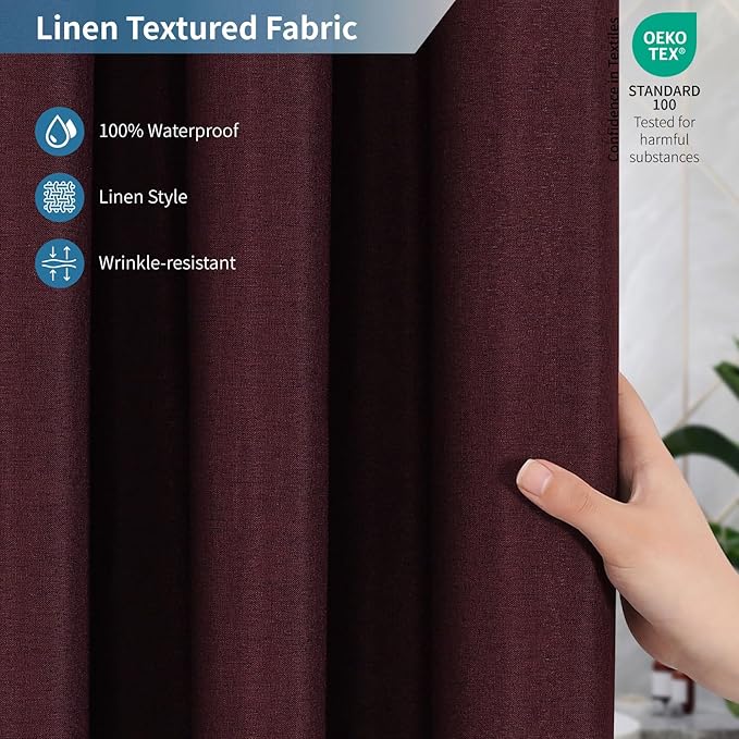 2-in-1 Waterproof Fabric Shower Curtain or Liner,Linen Textured,Breathable TPU & Washable Bathroom Shower Curtain Set with 12 Plastic Hooks,Modern,72"x72" Burgundy