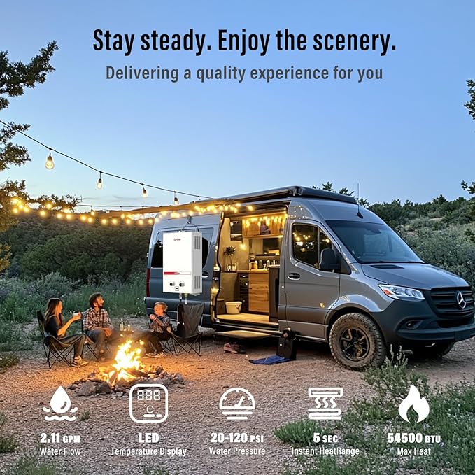 Tankless Water Heater 8L, 2.11GPM Portable Propane Camping Water Heater with Digital Display Handle Overheating Protection, 54,500 BTU Instant Gas Hot Water Warmer for Outdoors RV Shower Cabin