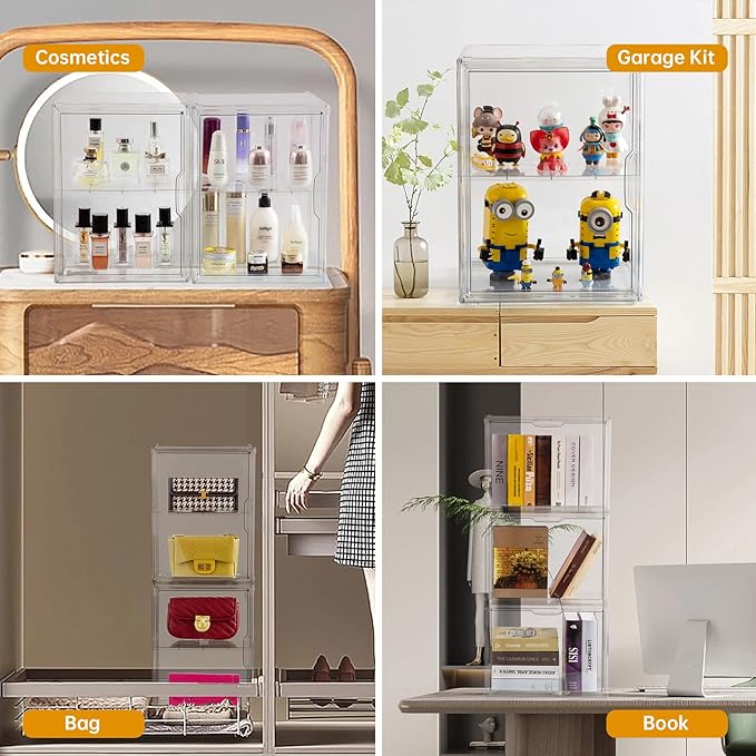 X-Large 2 Tiers 14.2"X10.6"X8" Acrylic Display Case with 1 Division Board, Clear Organizer Box Plastic Holder with Magnetic Door for Loungefly Backpack, Handbags, Purses, Boots
