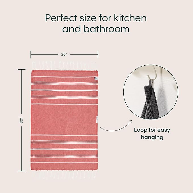 WETCAT Turkish Hand Towels with Hanging Loop, Set of 2 (20" x 30") 100% Turkish Cotton, Pre-Washed, Quick Drying, for Kitchen or Bathroom - Red