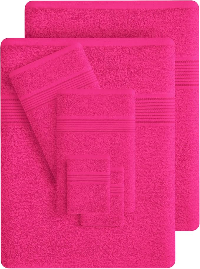 Belizzi Home 100% Cotton Towel Set, Contains 6 Soft Bath Towel, 6 Hand Towels, 12 Wash Cloths - Compact Absorbent Lightweight & Quickdry Towels for Bathroom - 24 Piece Bathroom Towel Set - Hot Pink