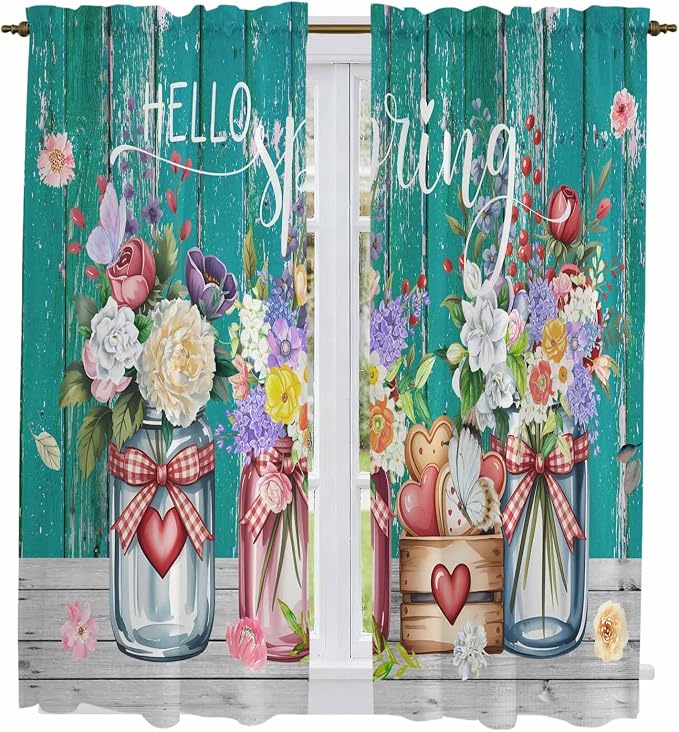 Spring Flowers Kitchen Curtains, Farmhouse Watercolor Teal Wood Grain Light by Unknown