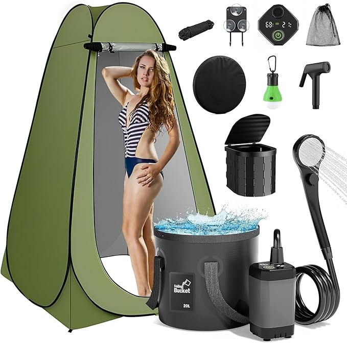 Portable Camping Shower, Pop Up Privacy Tent Kit with LED Light and Foldable Toilet, 6000mAh LCD Screen Shower Pump, Filtered Shower Heads & 5.3 Gallons Bucket, Outdoor Shower for Hiking, Travel, Car