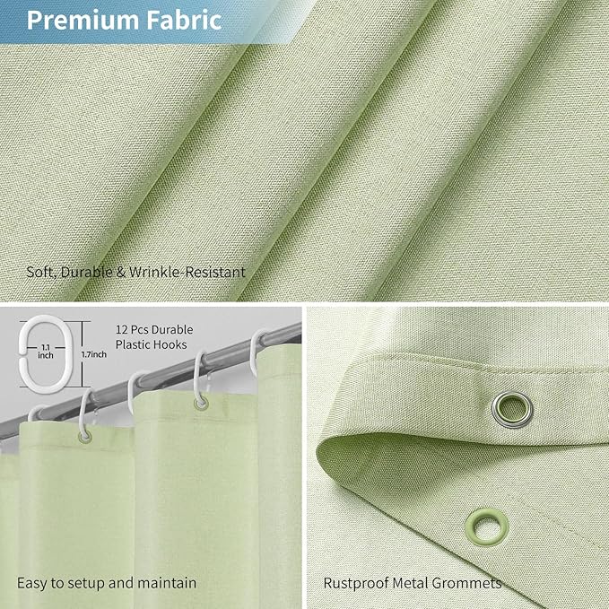 2-in-1 Waterproof Long Fabric Shower Curtain or Liner,Linen Textured,78 Inch Breathable TPU & Washable Bathroom Shower Curtain Set with 12 Plastic Hooks,Modern,72"x78",Green