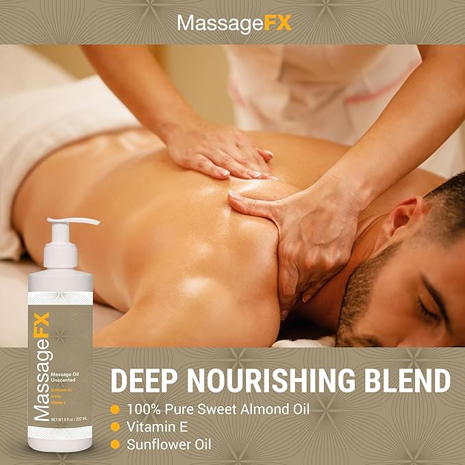 Massage Oil by Massage FX - 100% Pure Sweet Almond & Sunflower Seed Oil - Vitamin E - Ivy, Arnica & Aloe - Unscented - Perfect for a Full Body Massage, Maximum Friction - Paraben Free - 8 Ounces Pump