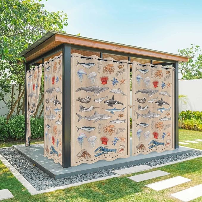 Vintage Outdoor Curtains for Patio Sharks Whales Lobsters Biographies by Unknown
