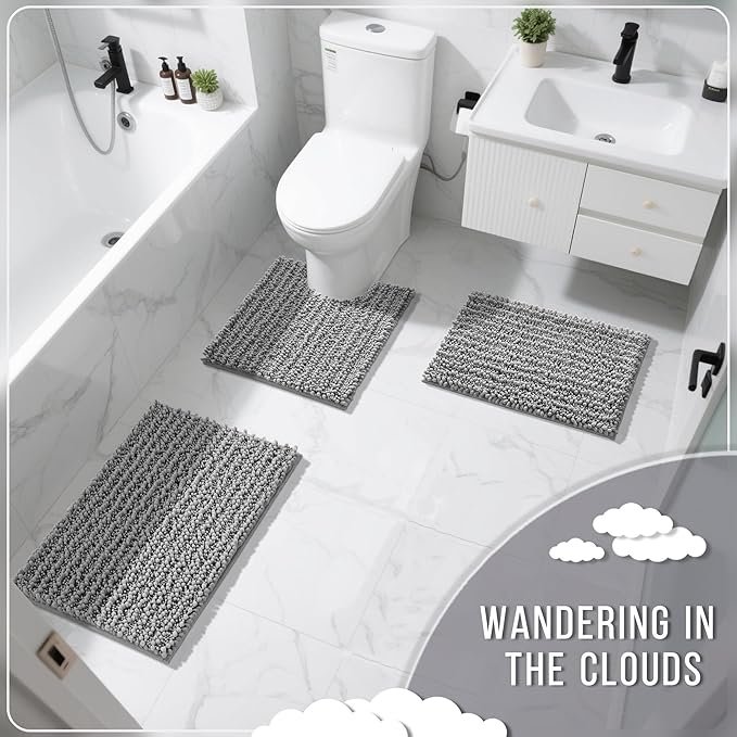 Yimobra Bathroom Rugs Sets 2 Piece - Quick Dry Extra Thick Luxury Chenille Bath Mat, Non Slip Super Absorbent for Tub Shower Sink, Machine Washable Shaggy Floor Mat, 32"x20"+24"x17" Inch, Grey
