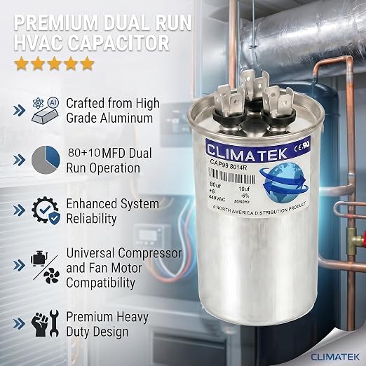 ClimaTek 80 + 10 MFD 370/440 Volt Dual Run Round Capacitor CAP99-8014R | 80/10 - Image 5