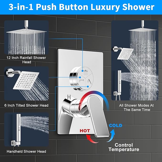 Shower Faucet Set, 3-Setting Push Button Polish Chrome Shower System, 12 Inch Ceiling Mounted Shower Head, 6 Inch Wall Mounted Rain Shower Head with 2 in 1 Handheld Spray, Shower Valve Trim Kit