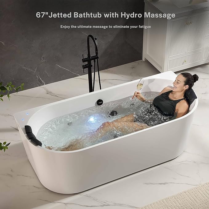 Empava Update Acrylic Whirlpool Bathtub, 71-Inch Freestanding Gracefully Oval Shaped Jetted Bathtub with Healing Chromotherapy, 18 Hydromassage Jets, Single-Ended Bathtubs, Black Nozzles