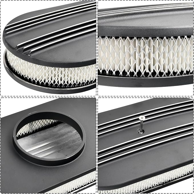 15" Black Aluminum Air Cleaner Assembly Kit Alloy Oval Partial Half Finned - Image 3