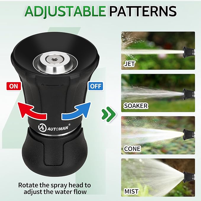 AUTOMAN Garden Hose Nozzle Heavy Duty, 2 Pack Fireman Hose Nozzle, High Pressure Water Hose Sprayer Nozzle, Adjustable Spray Nozzles for Washing Car, Cleaning Ground, Watering Plants, Showing Pets