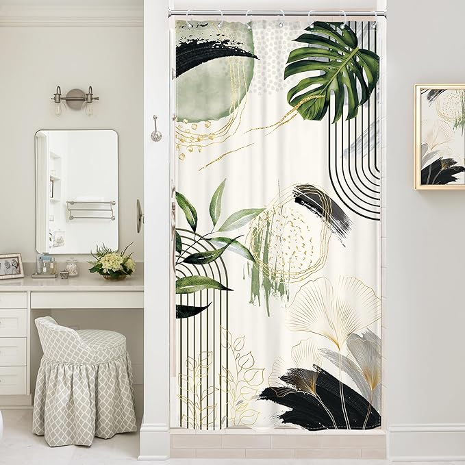 Grey Green Boho Small Shower Curtain 36Wx72H Stall RV Narrow Tropical Palm Leaves Abstract Modern Gold Leaf Mid Century Plant Bathroom Decor Botanical Bath Curtain Fabric Polyester 7 Pack Hooks