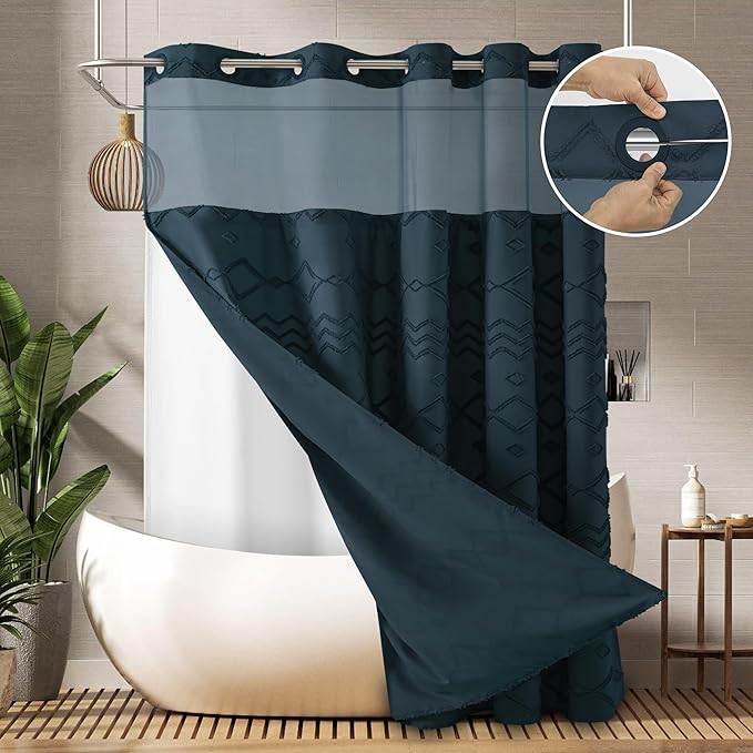 Extra Long No Hooks Shower Curtains, 98 Inches Long Boho Tufted Chevron Striped Fabric Shower Curtain for Bathroom with Snap in Liner, Navy Water Resistant Cloth Shower Curtain Set