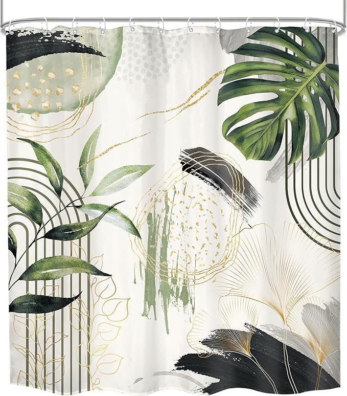 Grey Green Boho Shower Curtain 72Wx78H Long Tropical Palm Leaves Abstract Modern Bohemian Minimalist Gold Leaf Mid Century Bathroom Decor Botanical Bath Curtain Fabric Polyester 12 Pack Hooks