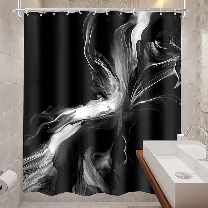 Cinbloo Black 60Wx72H Shower Curtain Abstract Bathroom Decor for Men Modern Ombre White Marble Ink Texture Bathroom Curtain Set Minimalist Neutral Simple Dark Cool Bath Bathroom Accessories Decor