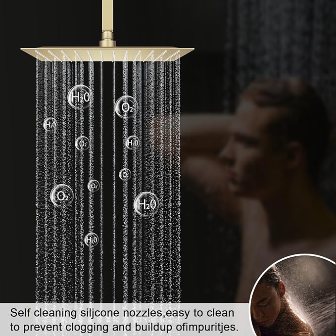 Shower Faucet Set Brushed Gold Shower System, Temperature Display Shower Faucet with 12 inch Ceiling Mount and 8 inch Wall Mount Shower Head, with 6 PCS Body Jet and Handheld Spray