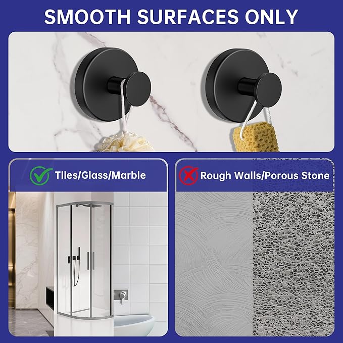luckin smile Suction Cup Hooks for Shower, No-Drill Removable Towel Hook for Bathrooms, Shower Hooks, Suitable for Bathrooms, Kitchens, Windows, Glass, Powerful Suction Cup Hook (2, Black)
