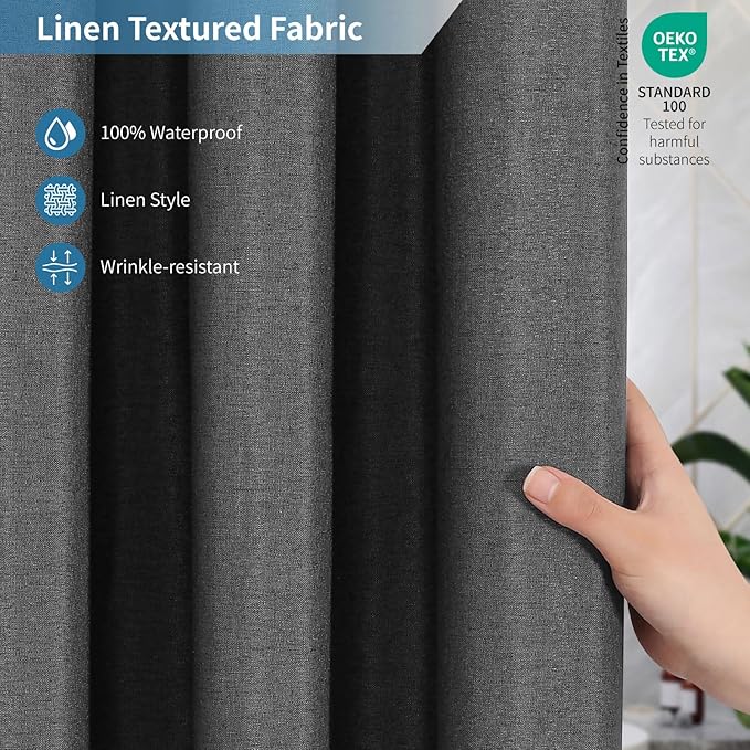2-in-1 Waterproof Extra Long Fabric Shower Curtain or Liner,Linen Textured,84 Inch Breathable TPU & Washable Bathroom Shower Curtain Set with 12 Plastic Hooks,Modern,72"x84" Charcoalgrey