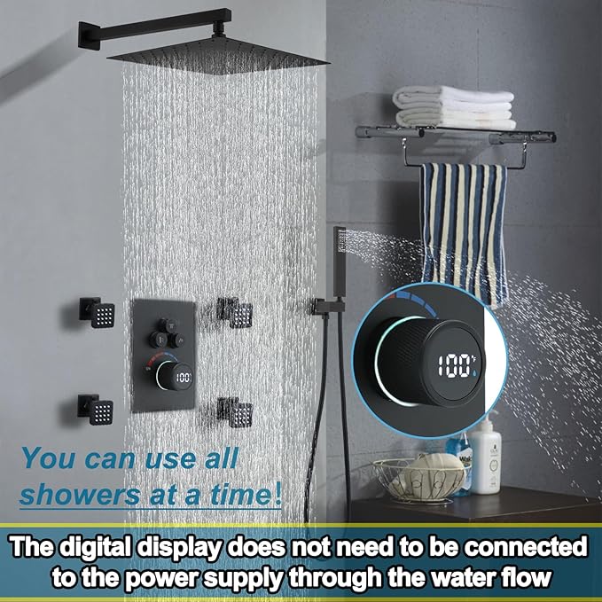 Solid Brass Shower Mixer Valve, Concealed 3 Way Outlet LED Digital Display Diverter Valve, Can Use All Options at A Time Black