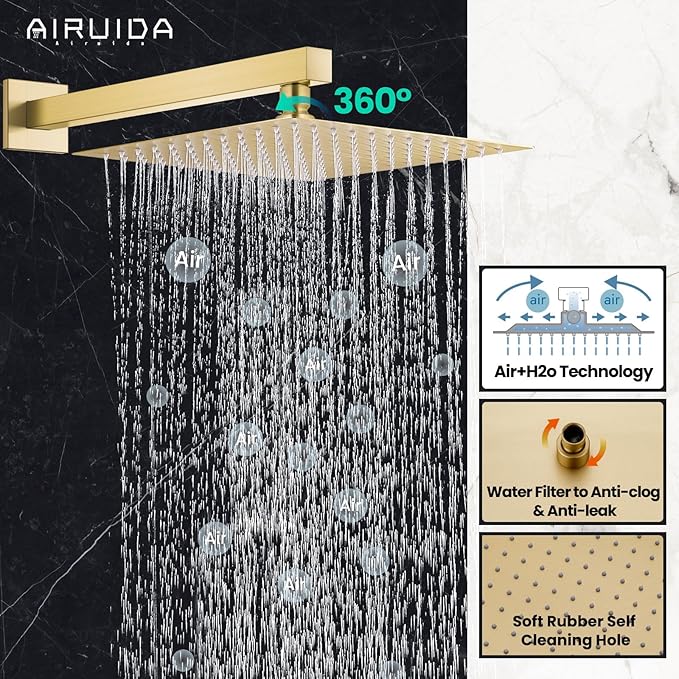 Airuida Shower Faucet Set Bathroom Rain Shower System SUS304 Stainless Steel Single Handle With Male Threads Rough-in Valve Shower Trim Kit 12 Inch Wall Mount Shower Head Brushed Gold