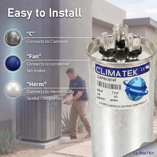 ClimaTek 50 + 7.5 MFD 370/440 Volt Dual Run Capacitor CAP99-5074R | 50/7.5 | VAC - Image 3