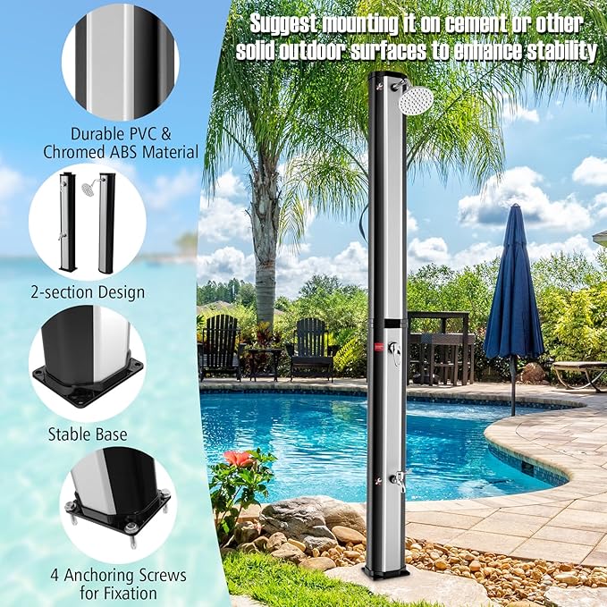 Goplus 9.3 Gallon Solar Heated Outdoor Shower, 7.2 FT Freestanding Garden Shower with 360° Swivel Shower Head, Foot Shower & Temperature Adjustment, for Poolside Backyard Beach (Silver)