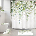 Riyidecor Green Eucalyptus 4Pcs Bathroom Shower Curtain Sets Plants Botanical Leaves Bathroom Decor Set with Rugs and Accessories Green Leaves Toilet Lid Rug, Contour and Bath Mat with 12