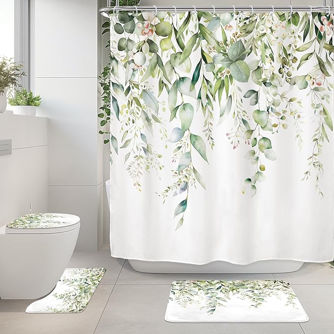Riyidecor Green Eucalyptus 4Pcs Bathroom Shower Curtain Sets Plants Botanical Leaves Bathroom Decor Set with Rugs and Accessories Green Leaves Toilet Lid Rug, Contour and Bath Mat with 12
