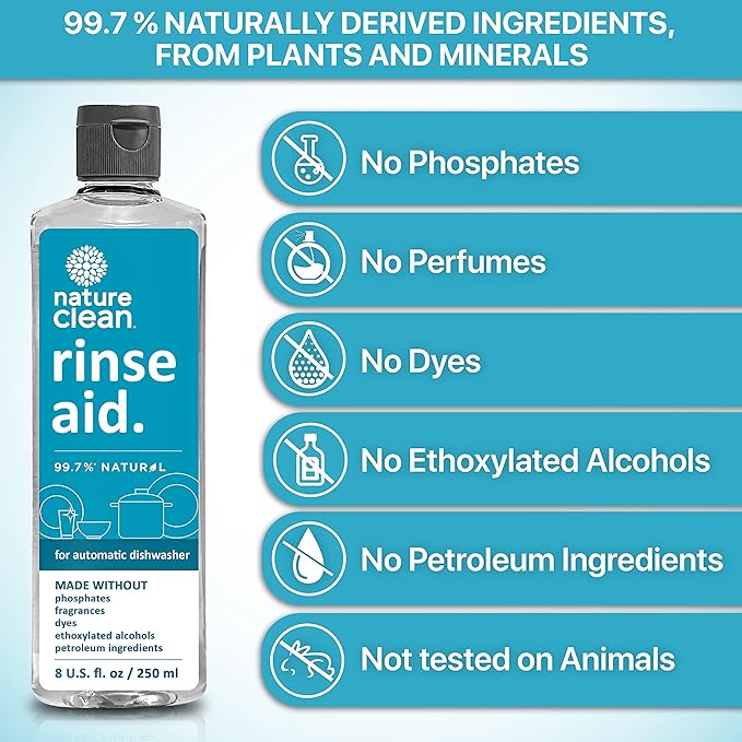 Nature Clean All Natural Dishwasher Rinse Aid Cleaner, Liquid Dishwasher Rinse Agent for Spot-Free Glass & Cutlery in Hard Water, Non Toxic Dish Washer Rinse Aid & Stain Remover, 8 oz/250ml, Pack of 1